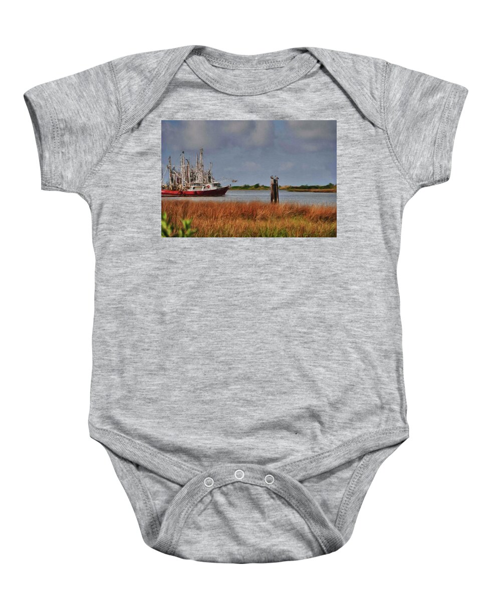 Alabama Photographer Baby Onesie featuring the digital art Pelican and the Red Shrimpboat by Michael Thomas