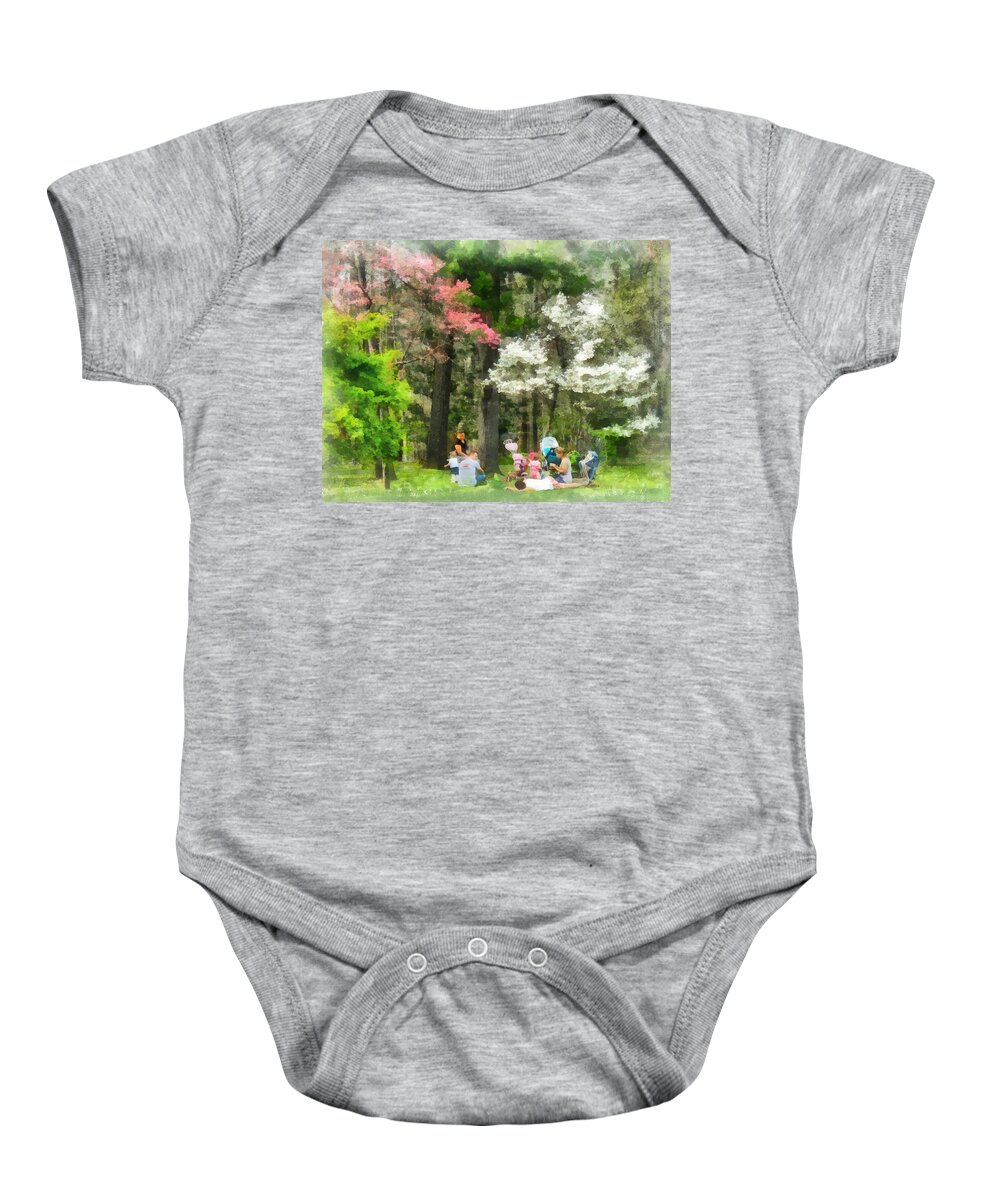 Spring Baby Onesie featuring the photograph Picnic Under the Flowering Trees by Susan Savad