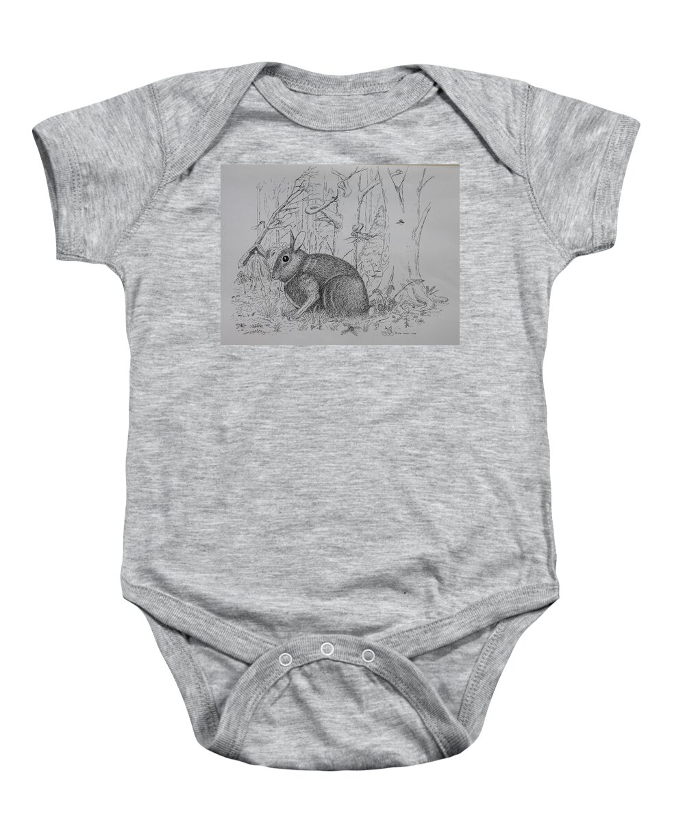 Nature Baby Onesie featuring the drawing Rabbit In Woodland by Daniel Reed