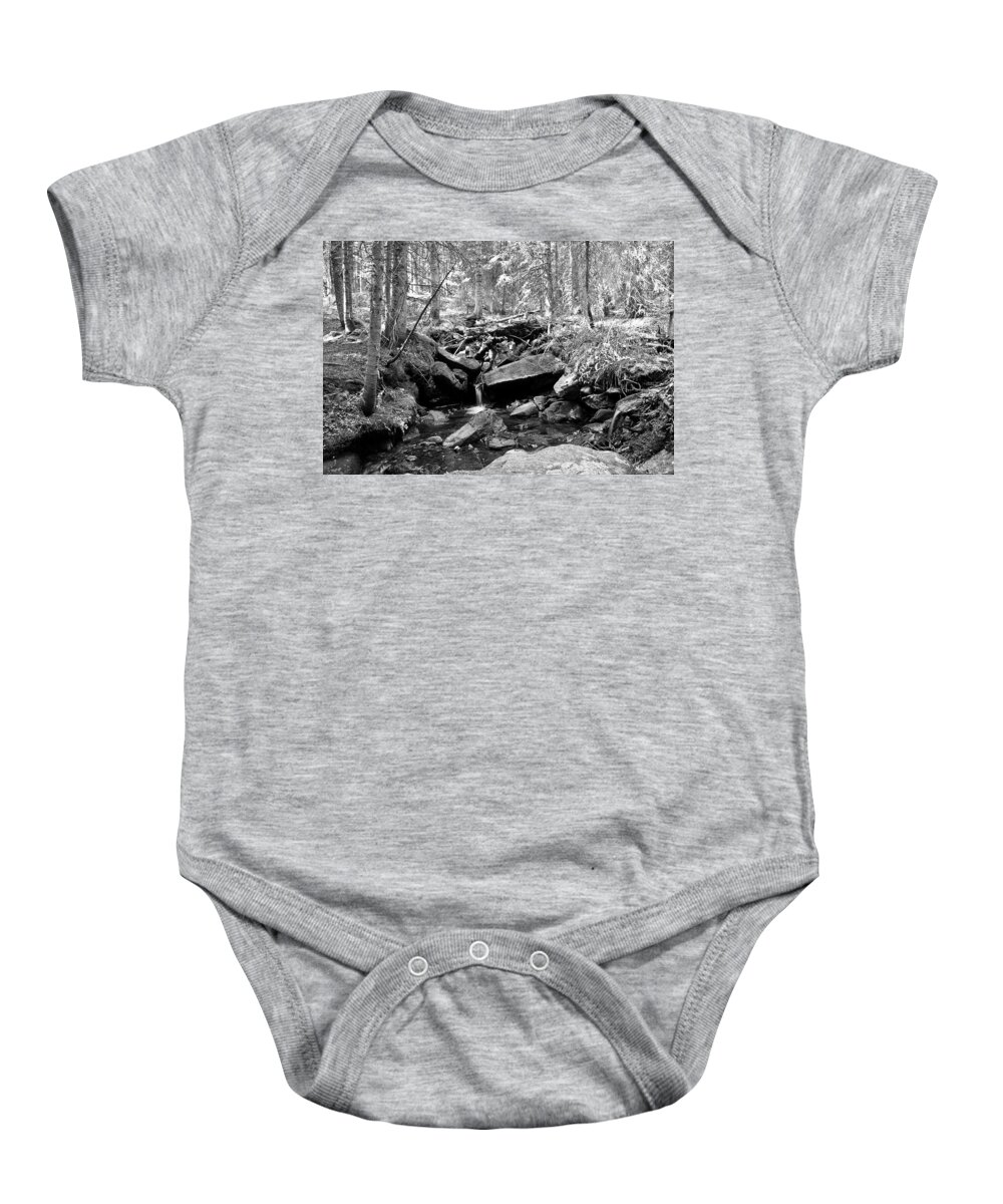 Stream Baby Onesie featuring the photograph Rocky Mountain Forest Stream Landscape BW by James BO Insogna