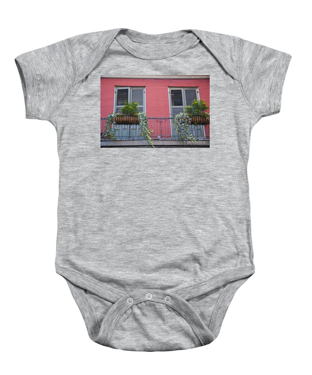 New Orleans Baby Onesie featuring the photograph Royal Street Balcony by Leslie Leda