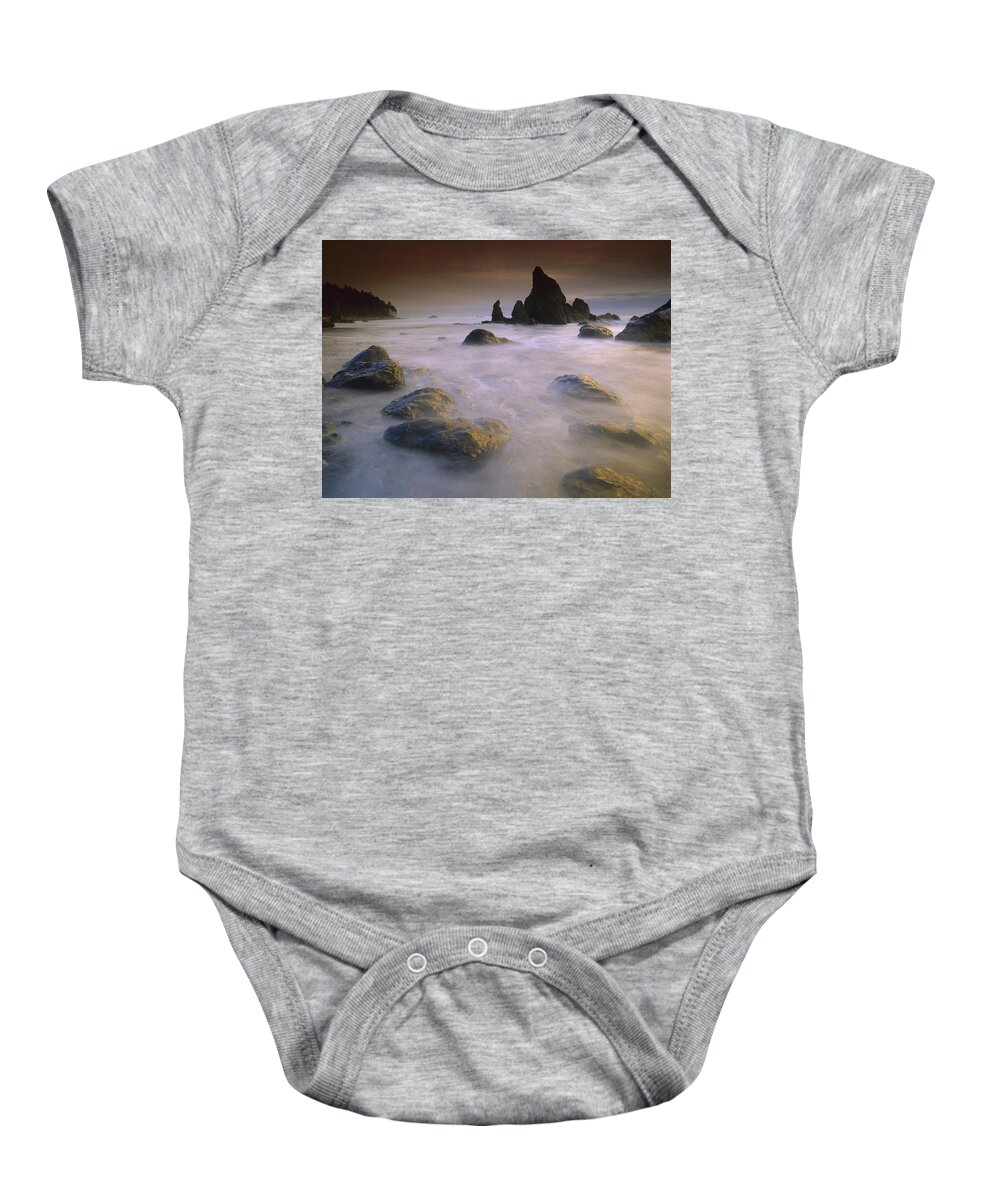 00170857 Baby Onesie featuring the photograph Sea Stack And Rocks Along Shoreline by Tim Fitzharris