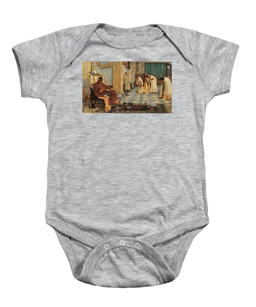 Court Baby Onesie featuring the painting The favourites of Emperor Honorius by John William Waterhouse