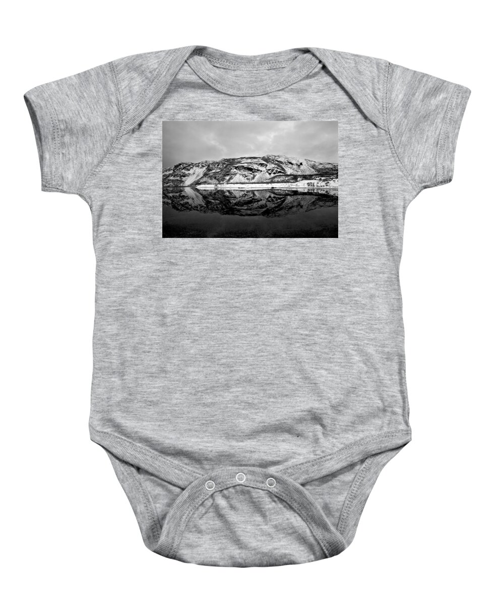Alps Baby Onesie featuring the photograph The Mountain reflection in a Fjord in Norway by U Schade