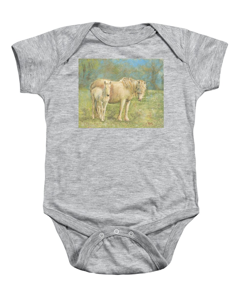  Richard Digance Baby Onesie featuring the painting ALWAYS TOGETHER - New Forest Pony and Foal by Richard James Digance
