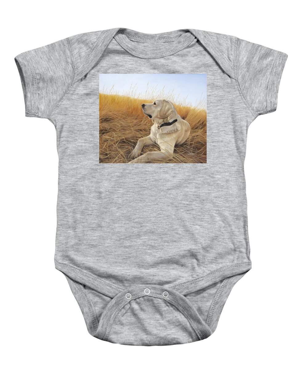 Yellow Lab Baby Onesie featuring the painting Waiting For The Birds by Tammy Taylor