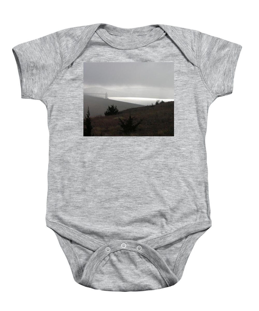 Kansas Baby Onesie featuring the photograph Wilson Lake in November fog by Keith Stokes