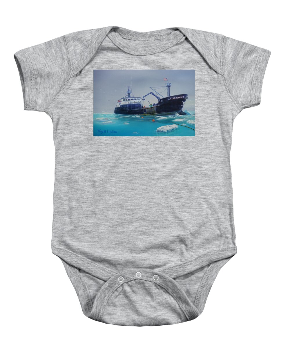 Seascape Baby Onesie featuring the painting F/v Time Bandit by Wayne Enslow