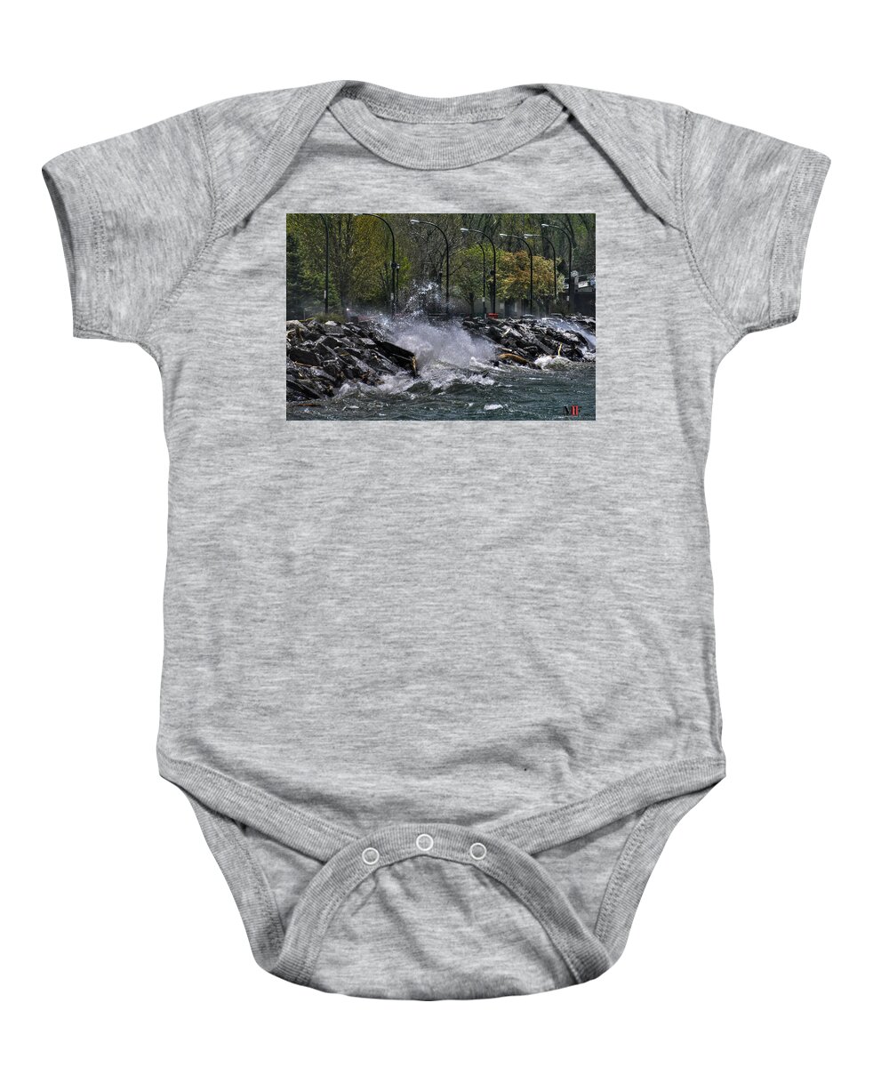 Buffalo Baby Onesie featuring the photograph 01 High Winds and Crashing Waves at Erie Basin Marina 14MAY16 by Michael Frank Jr