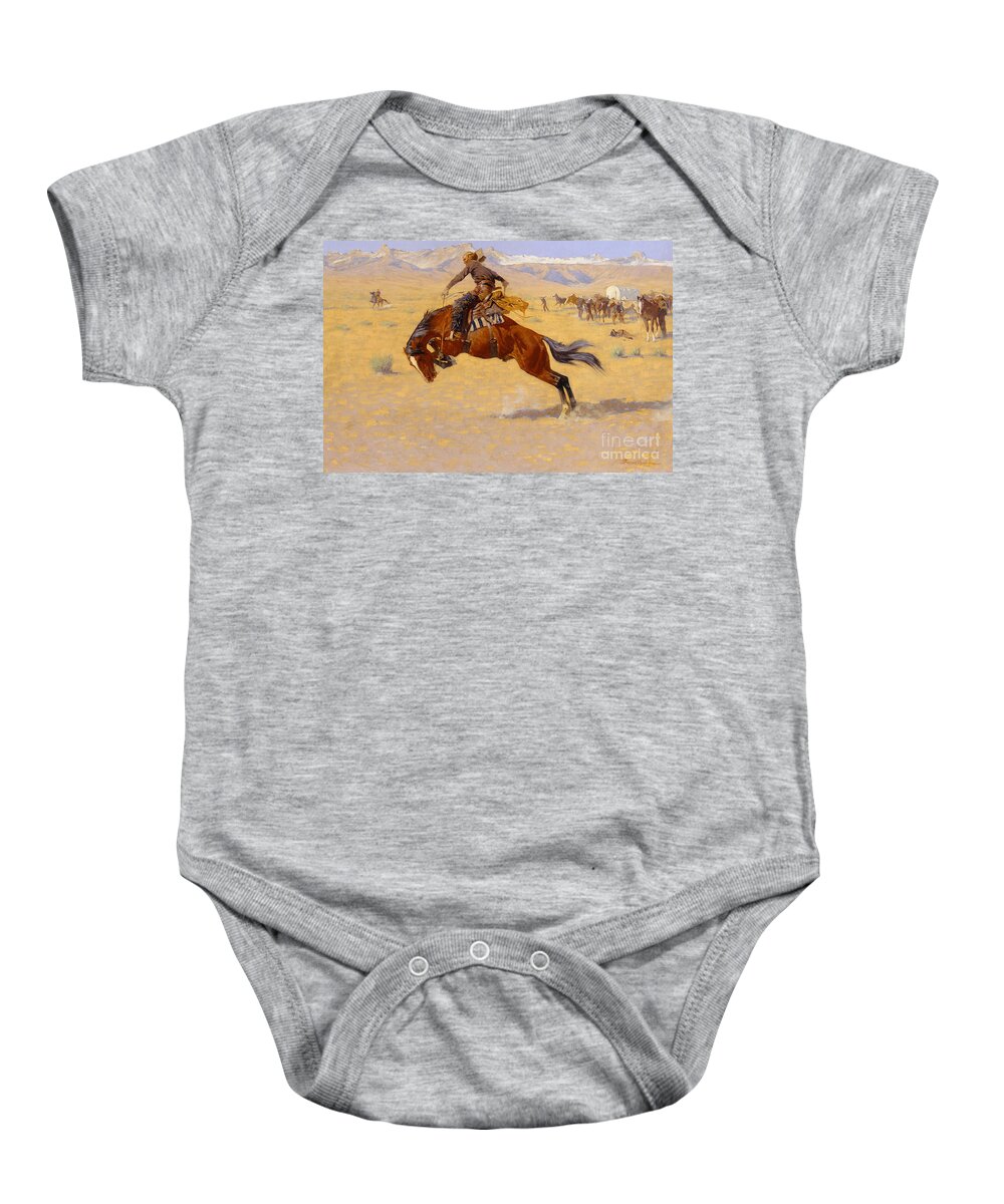 Cowboy; Horse; Pony; Rearing; Bronco; Wild West; Old West; Plain; Plains; American; Landscape; Breaking; Horses; Snow-capped; Mountains; Mountainous Baby Onesie featuring the painting A Cold Morning on the Range by Frederic Remington