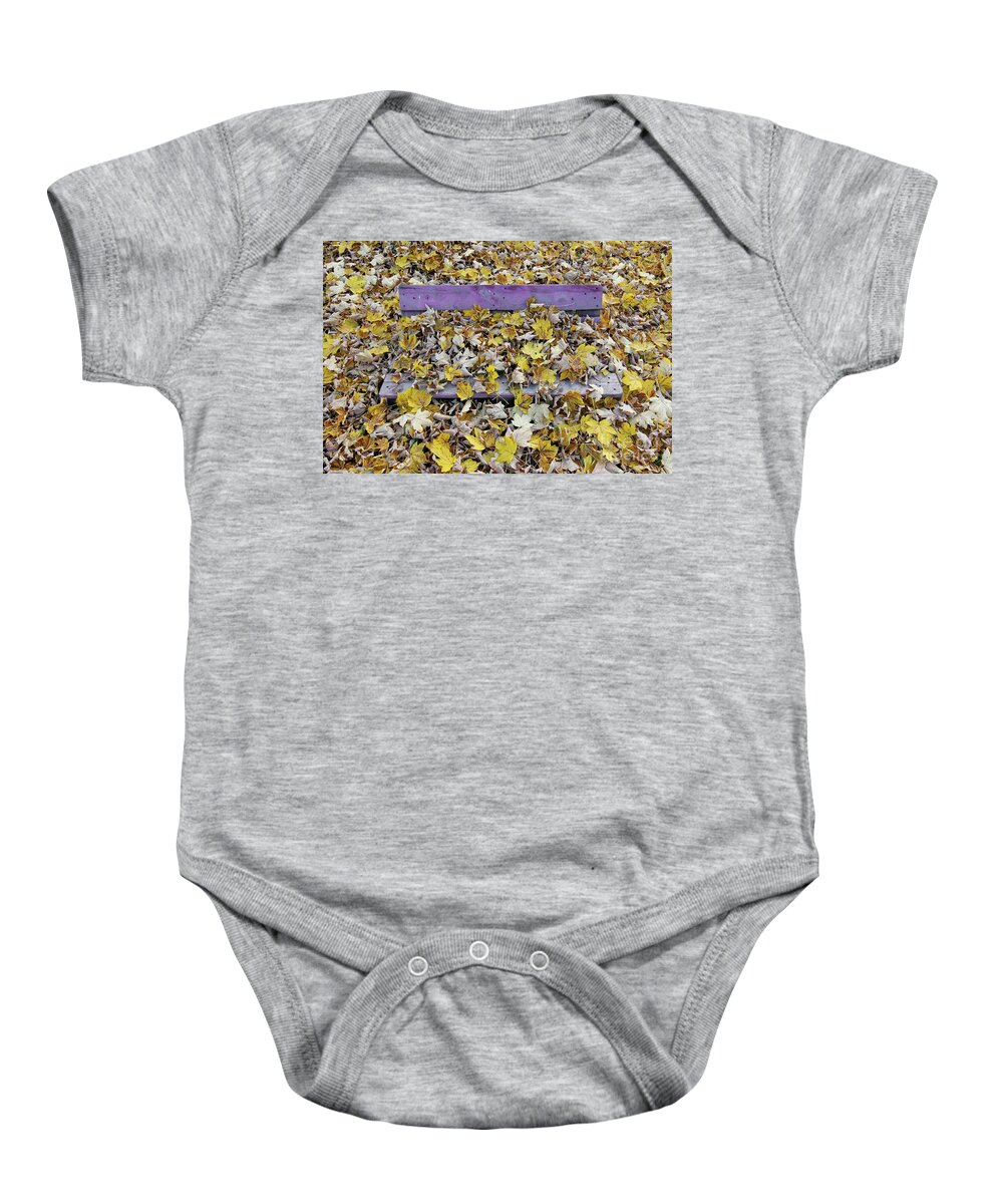 Autum Baby Onesie featuring the photograph Bench covered in fallen leaves #1 by Michal Boubin