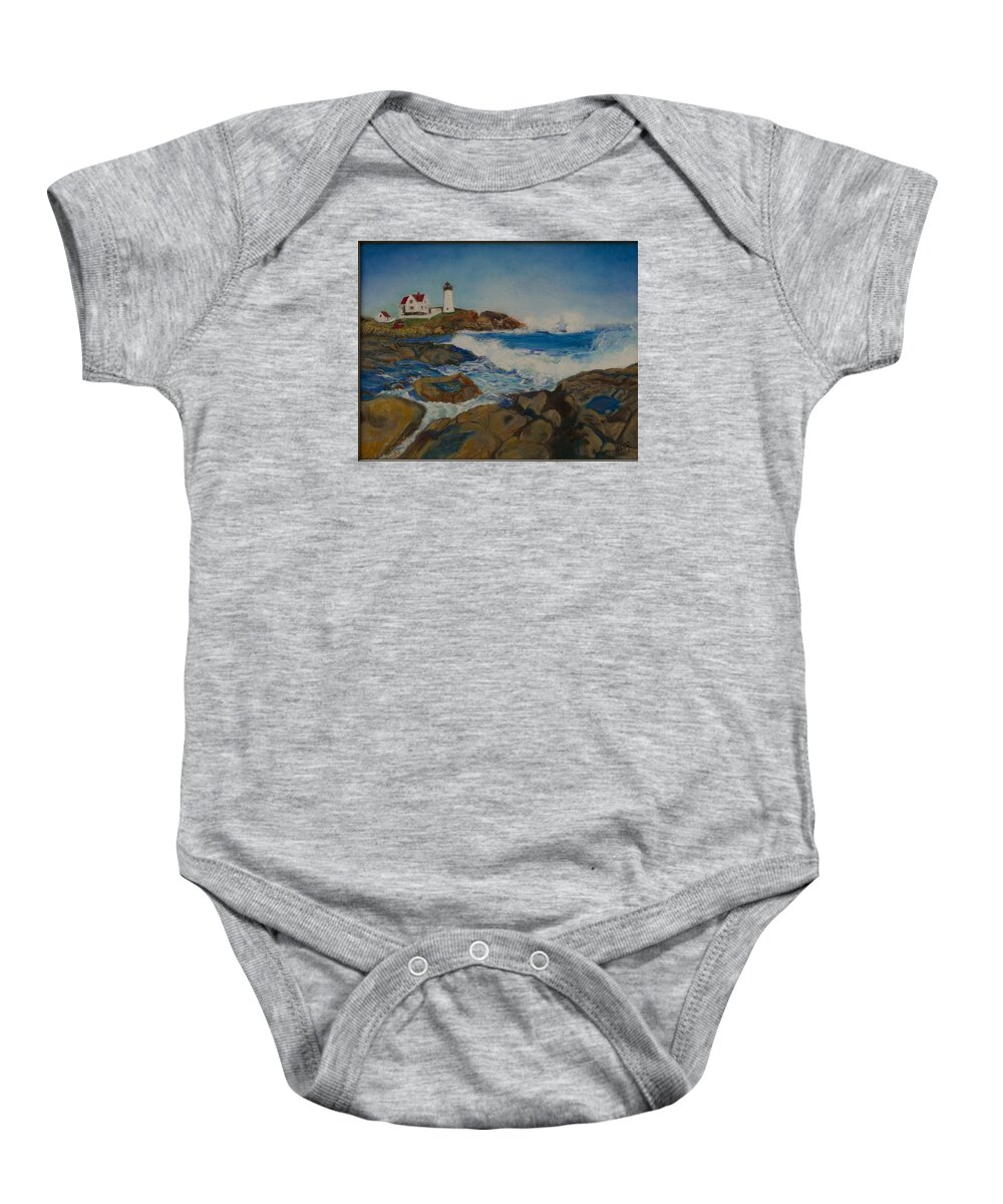 Seascape Baby Onesie featuring the painting Cape Neddick by Kathy Knopp