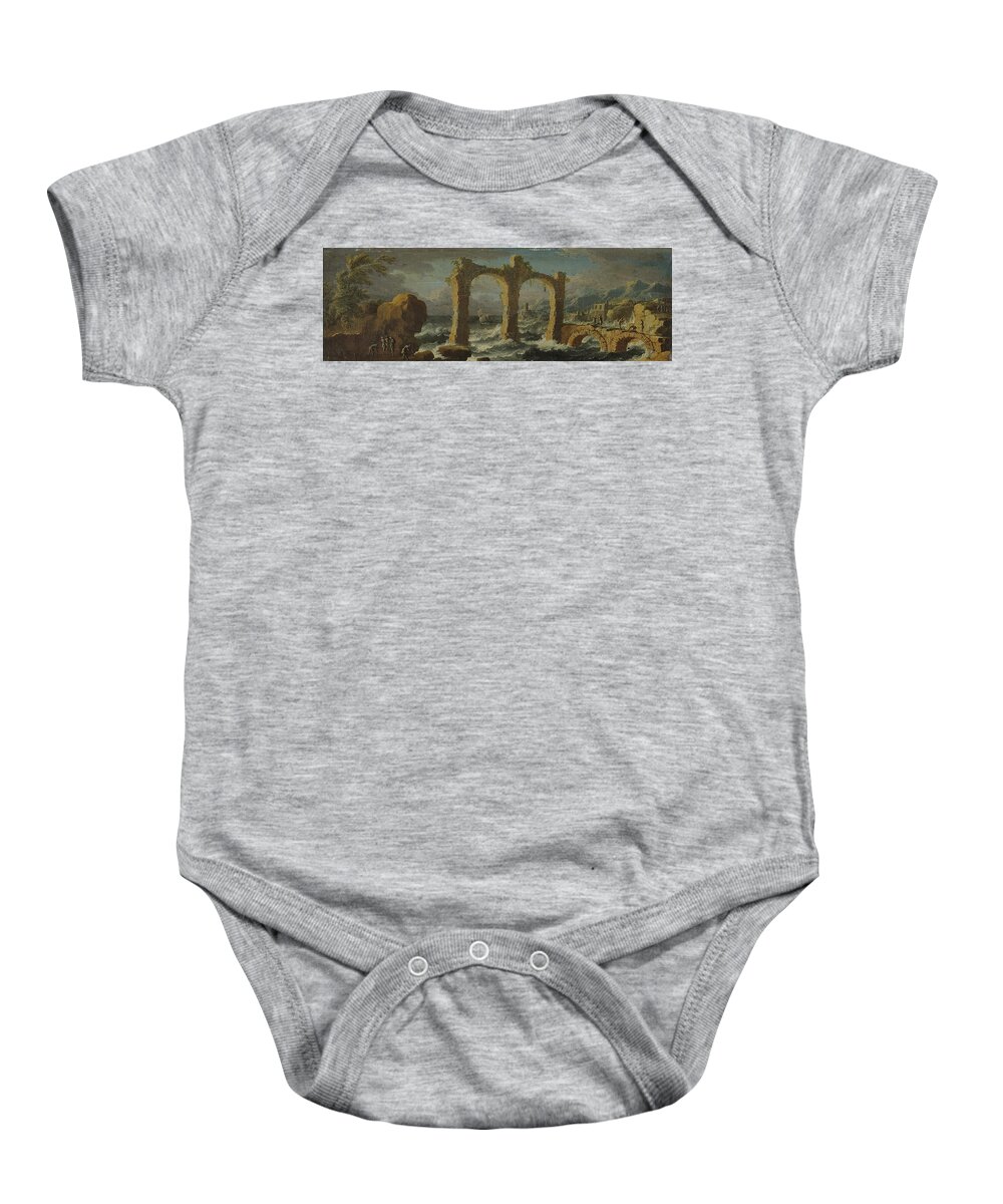 Leonardo Coccorante Napoli 1680  1750 Baby Onesie featuring the painting Capriccio with a storm on the sea #1 by MotionAge Designs