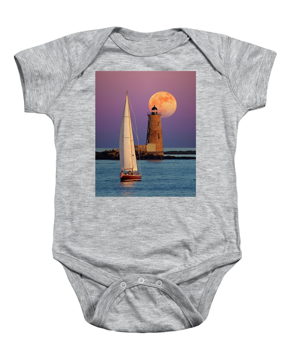 Moon Lunar Full Moon Sea Sailboat Boat Sunset Sunrise Dawn Dusk Astronomy Astronomical Water Peaceful Peace Quiet Nautical Lighthouse Light House Seashore Baby Onesie featuring the photograph Convergence by Larry Landolfi