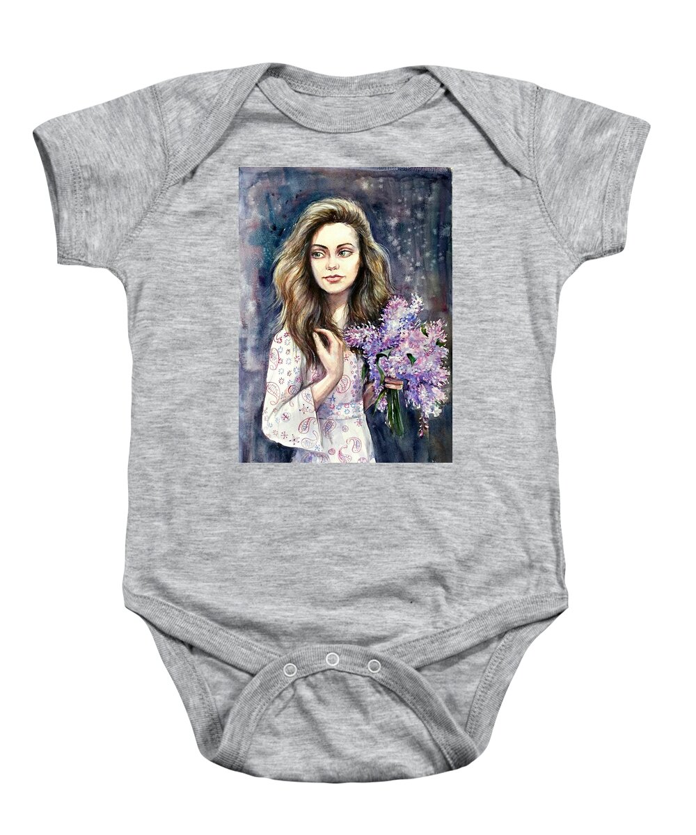 A Girl With Flowers Baby Onesie featuring the painting Diana #1 by Katerina Kovatcheva