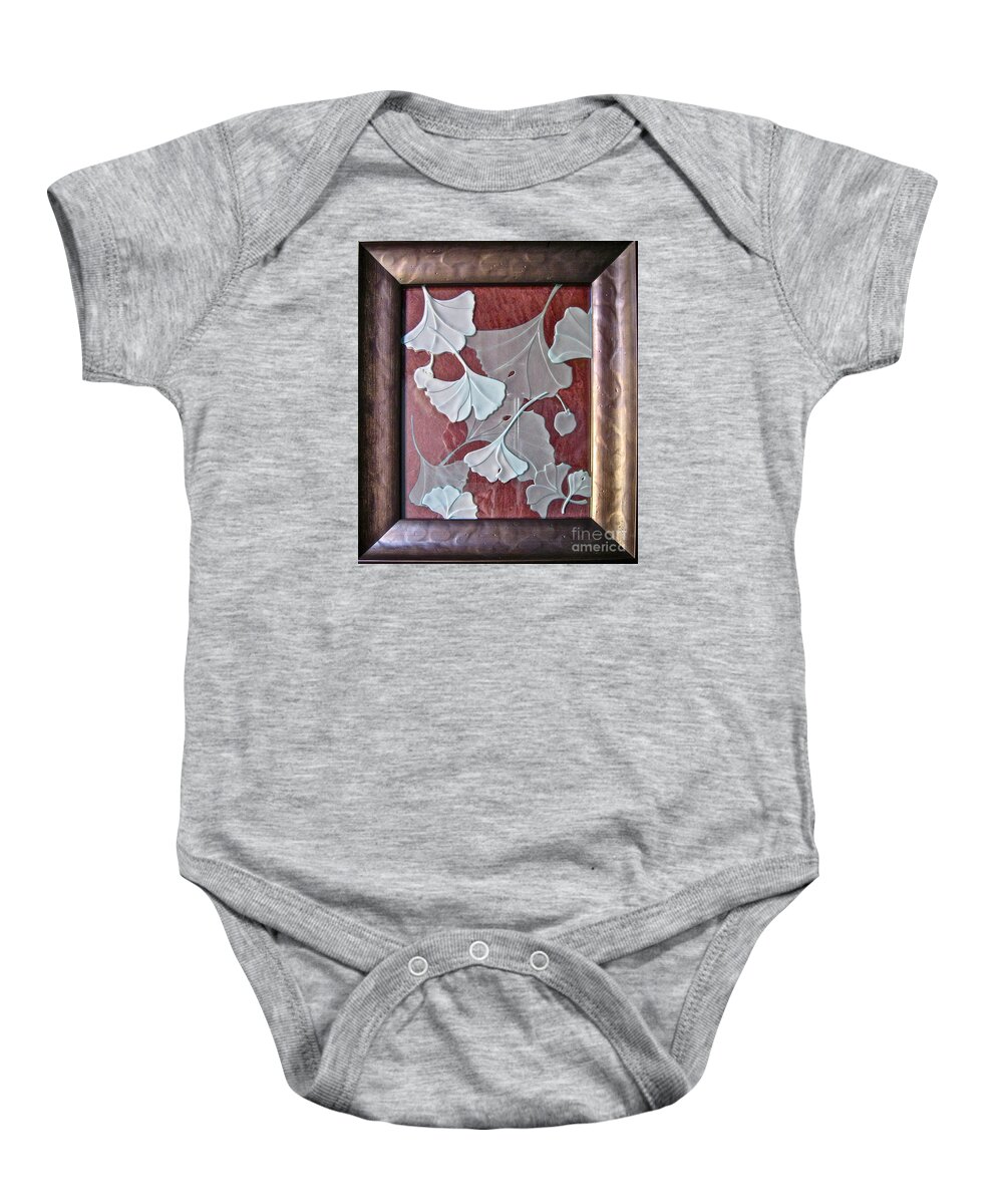 Red Baby Onesie featuring the glass art Ginko Leaves on Red #2 by Alone Larsen