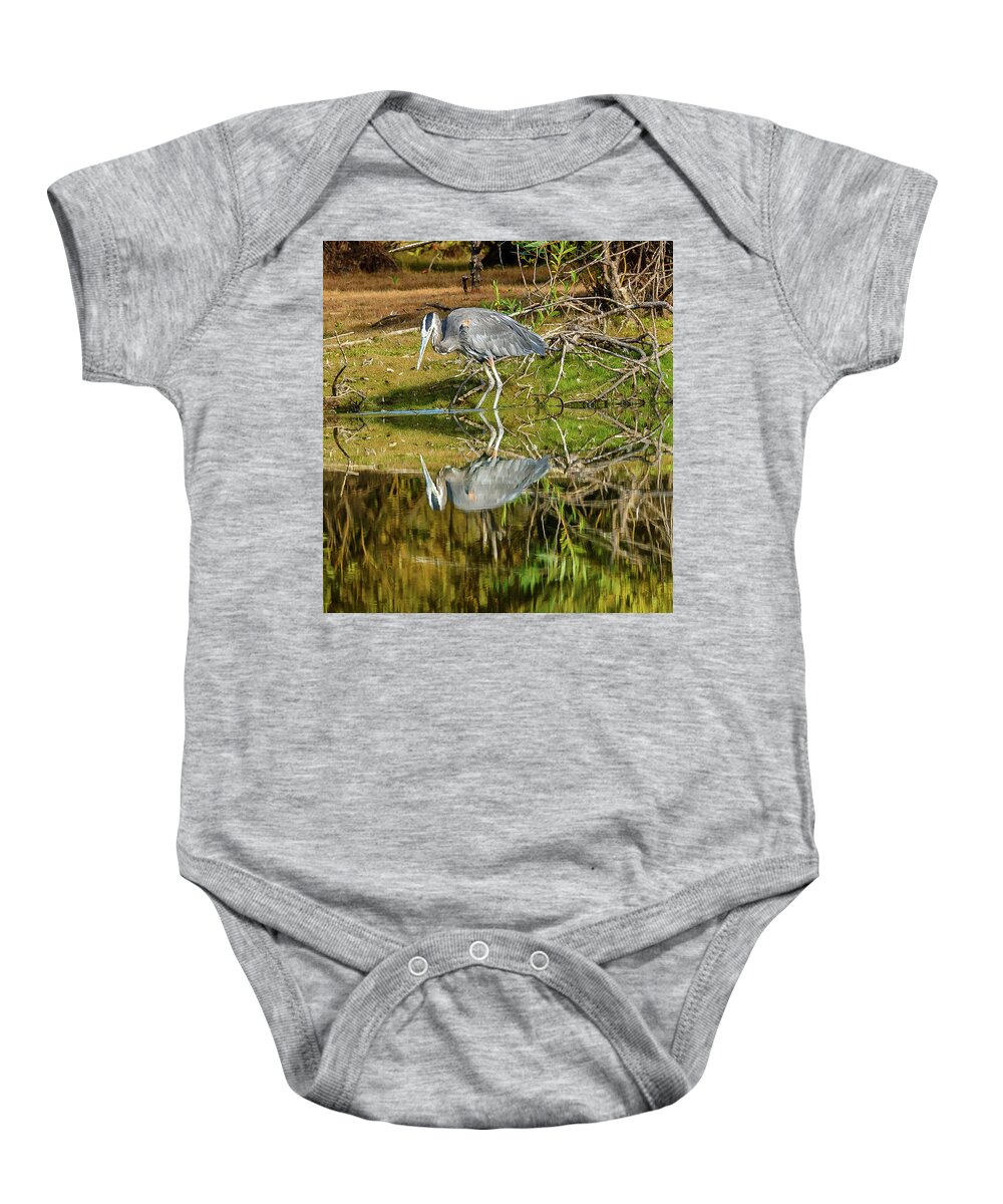 Heron Baby Onesie featuring the photograph I see you #1 by Jerry Cahill
