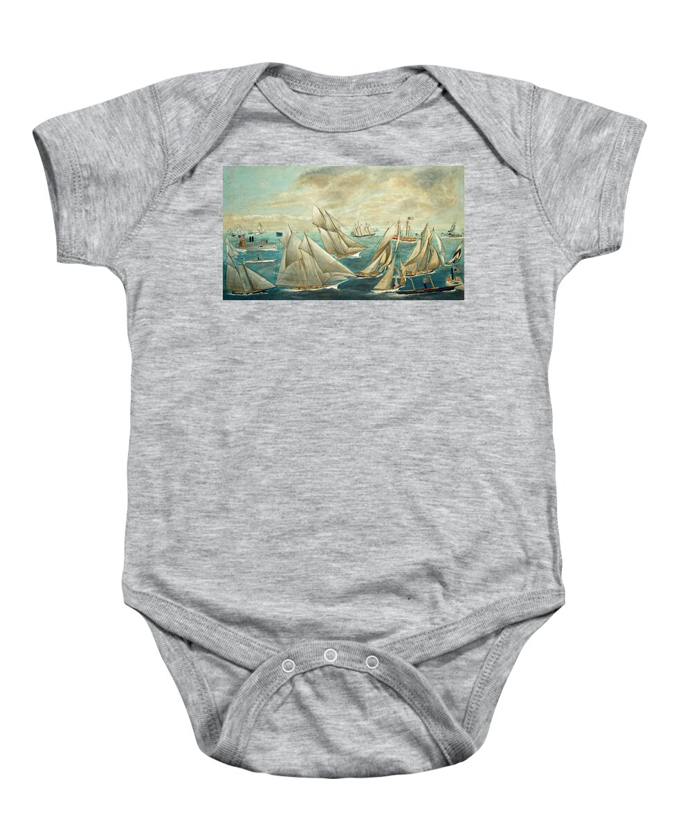 Folk Art Baby Onesie featuring the painting Imaginary Regatta of America's Cup Winners #1 by American 19th Century