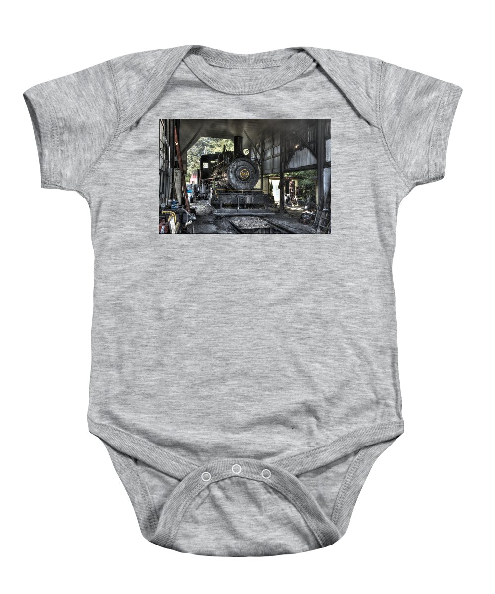 Engine Baby Onesie featuring the photograph In the engine shed steaming up #1 by Paul W Faust - Impressions of Light