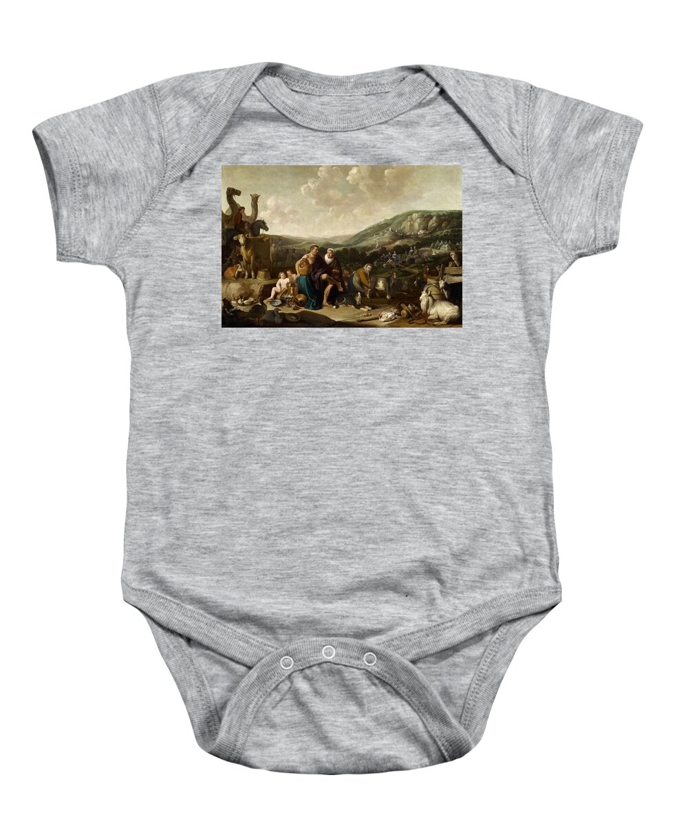 Cornelis Saftleven Baby Onesie featuring the painting Landscape with Jacob and Rachel #1 by MotionAge Designs