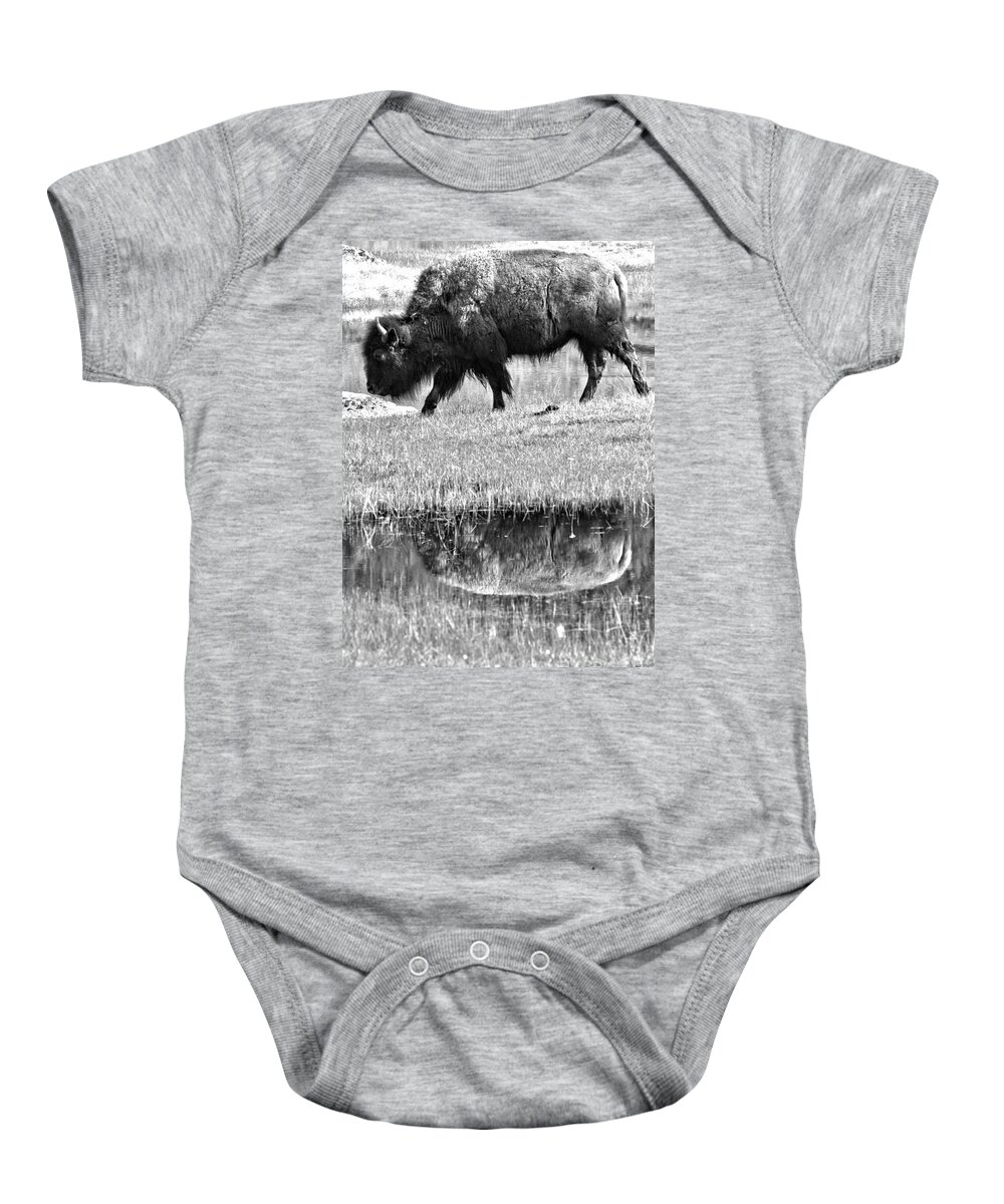 Bison Baby Onesie featuring the photograph Reflection In The Grassy Marsh Black And White #1 by Adam Jewell