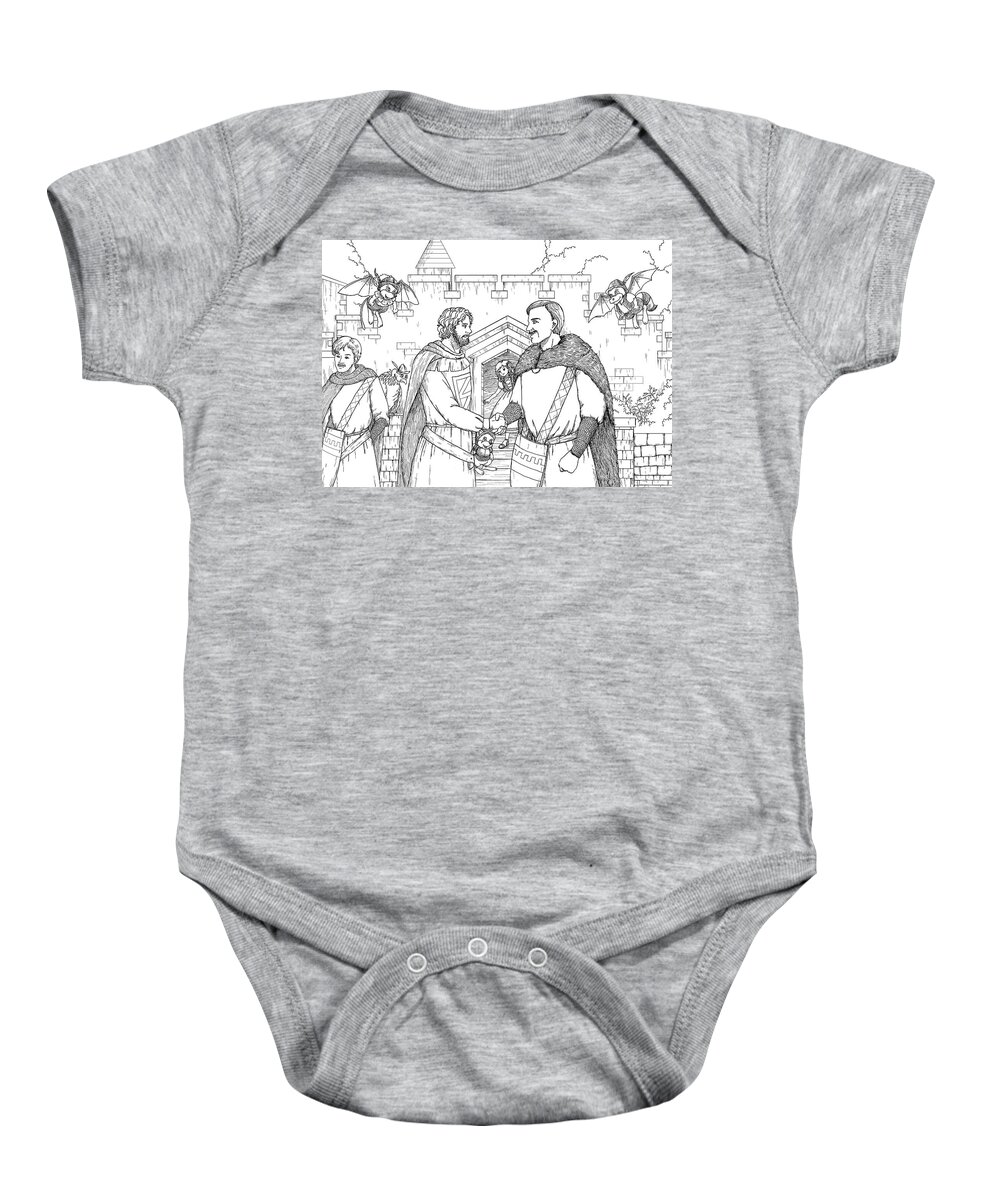 Robin Hood Baby Onesie featuring the painting Robin Hood and the Captain of the Guard #1 by Reynold Jay