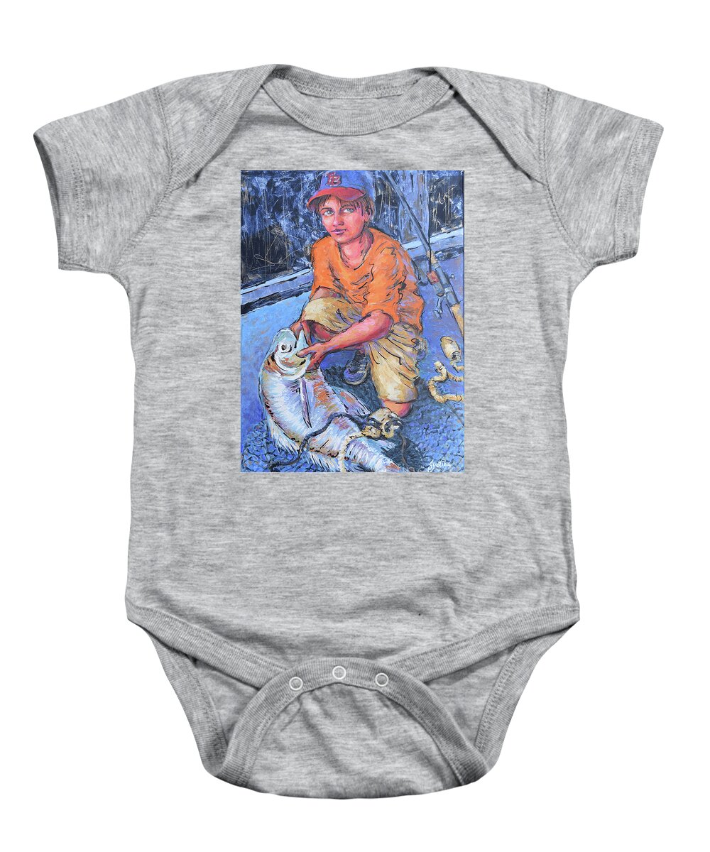 Boy Fishing Baby Onesie featuring the painting The Big Catch by Jyotika Shroff