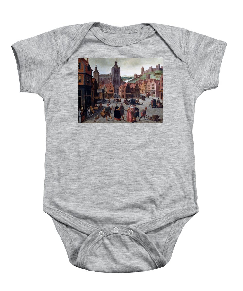 Attributed To Abel Grimmer Baby Onesie featuring the painting The Marketplace in Bergen op Zoom #1 by Attributed to Abel Grimmer