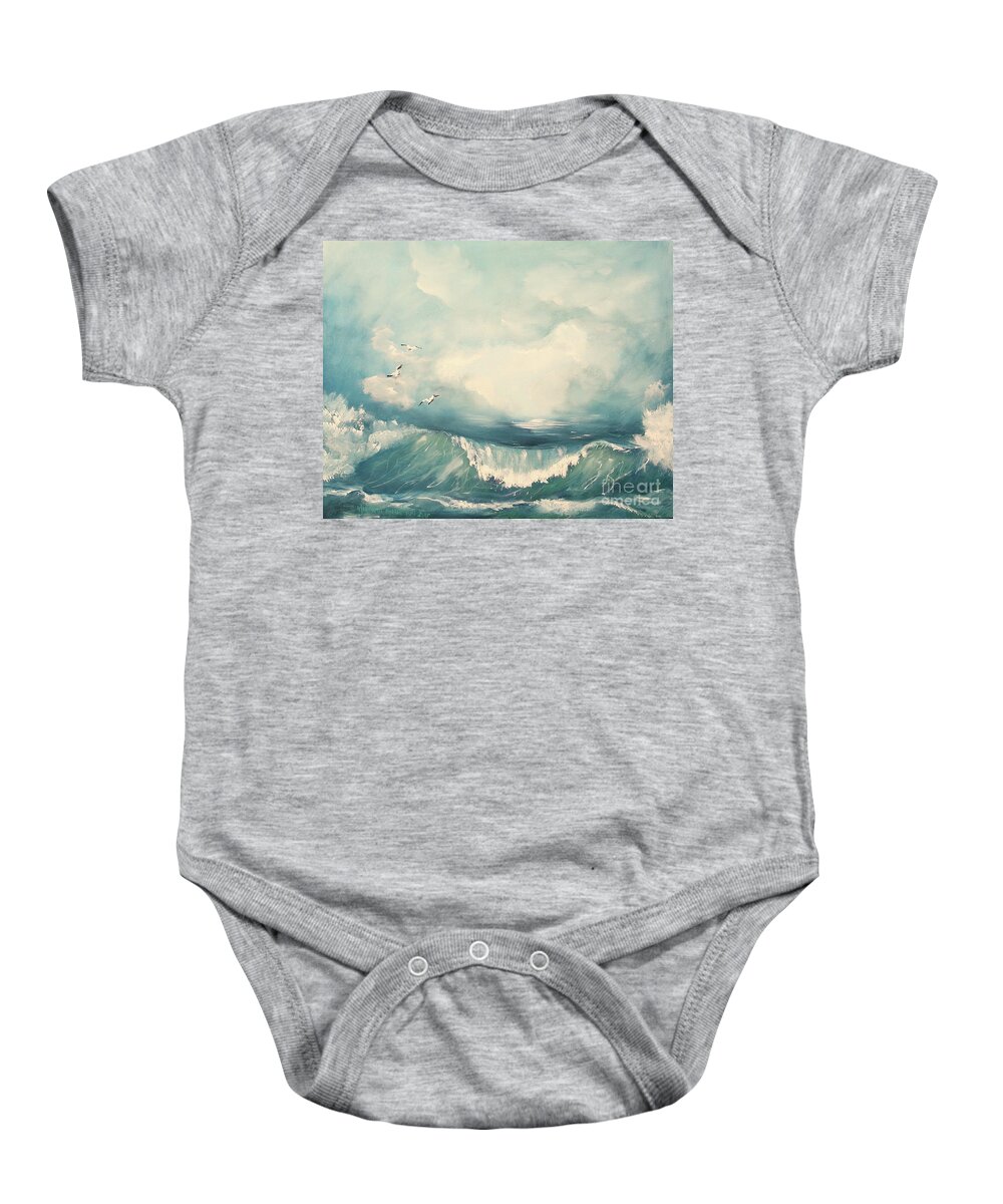 Tide Ocean Wave Water Seascape Painting Acrylic On Canvas Cloud Blue Color Oceanview Seagull Seaside Atlantic Print Baby Onesie featuring the painting Tide #2 by Miroslaw Chelchowski