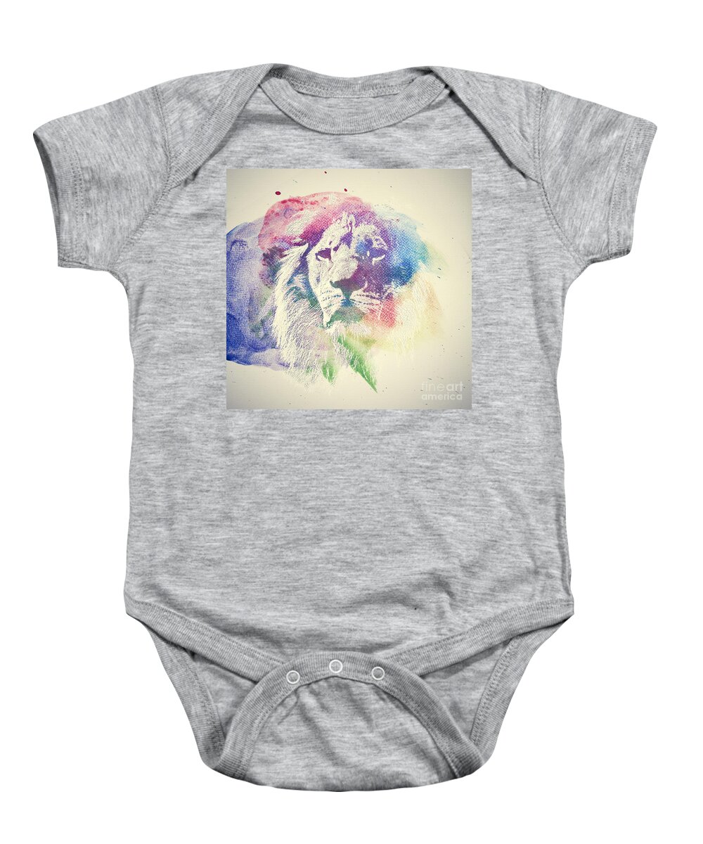 Lion Baby Onesie featuring the photograph Watercolor painting of lion. Abstract, colorful art #1 by Michal Bednarek