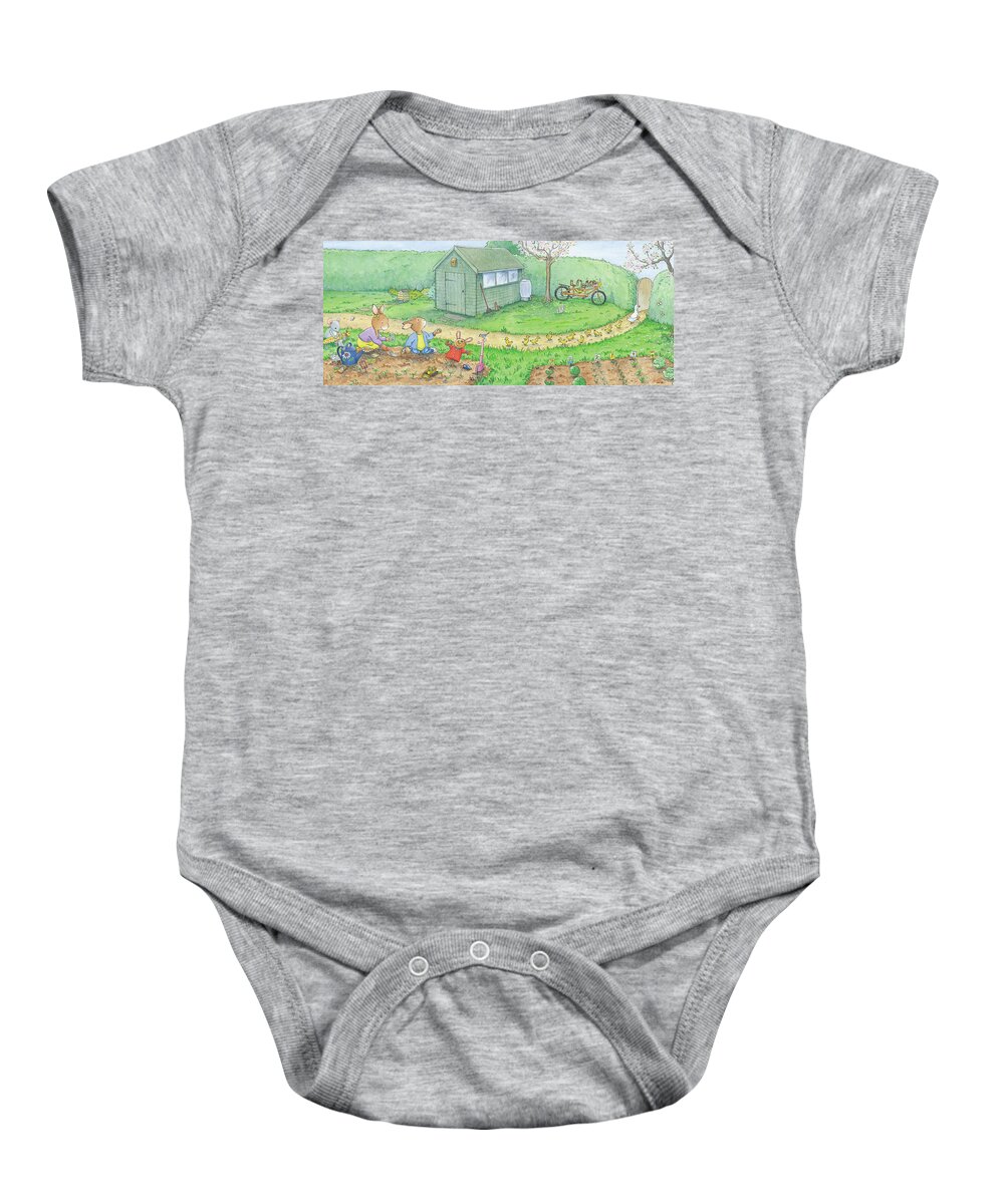 Breezy Bunnies Baby Onesie featuring the painting Planting a Vegetable Garden -- No Text by June Goulding