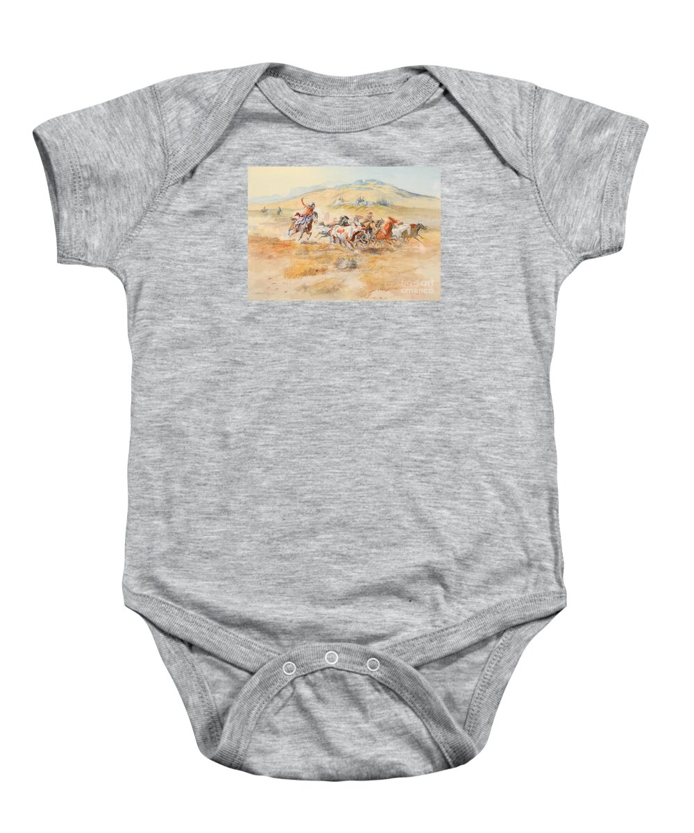 Charles M. Russell (1864-1926) Wild Horses (1900) Baby Onesie featuring the painting Wild Horses #1 by Celestial Images