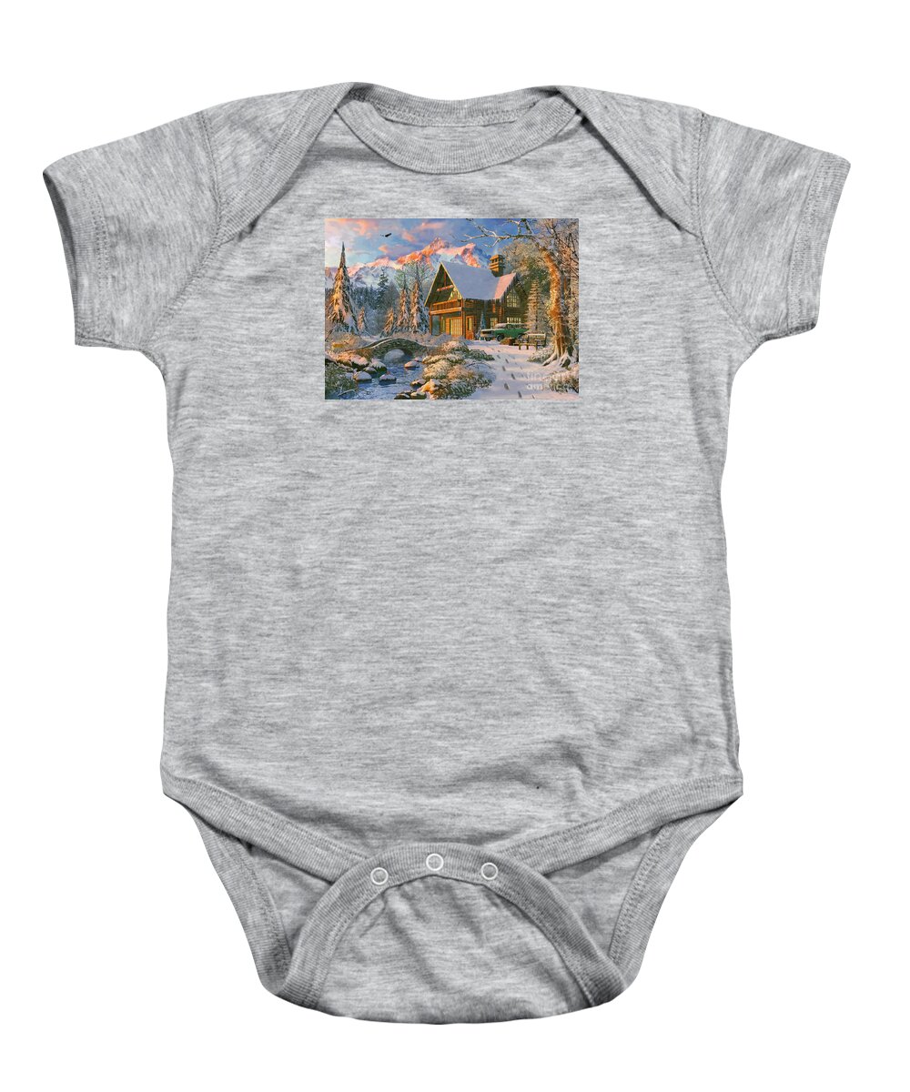 Mountain Baby Onesie featuring the digital art Winter Holiday Cabin #1 by MGL Meiklejohn Graphics Licensing