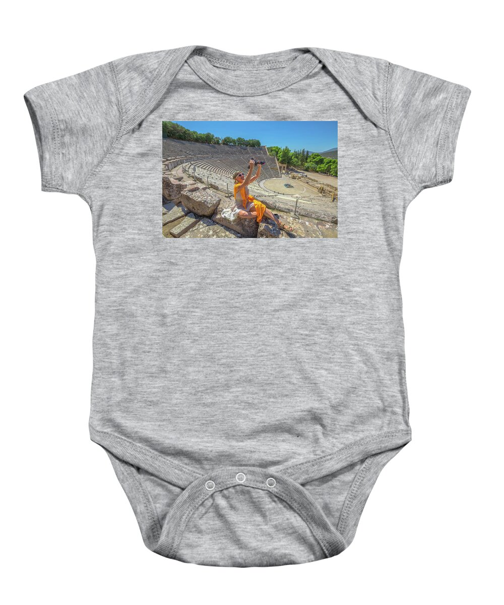 Greece Baby Onesie featuring the pyrography Woman photographer selfie #1 by Benny Marty