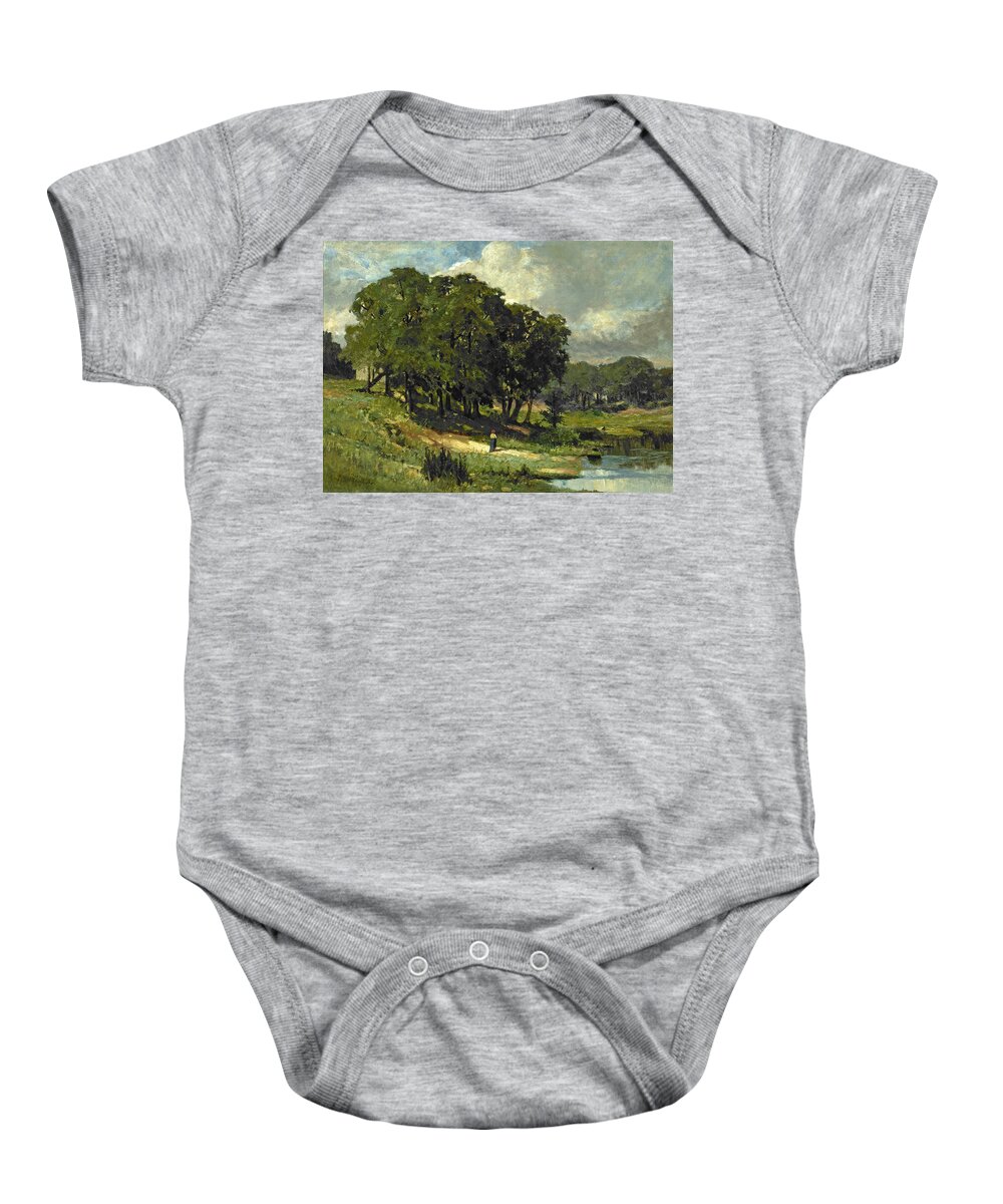Edward Mitchell Bannister Baby Onesie featuring the painting Woman Standing Near a Pond #2 by Edward Mitchell Bannister