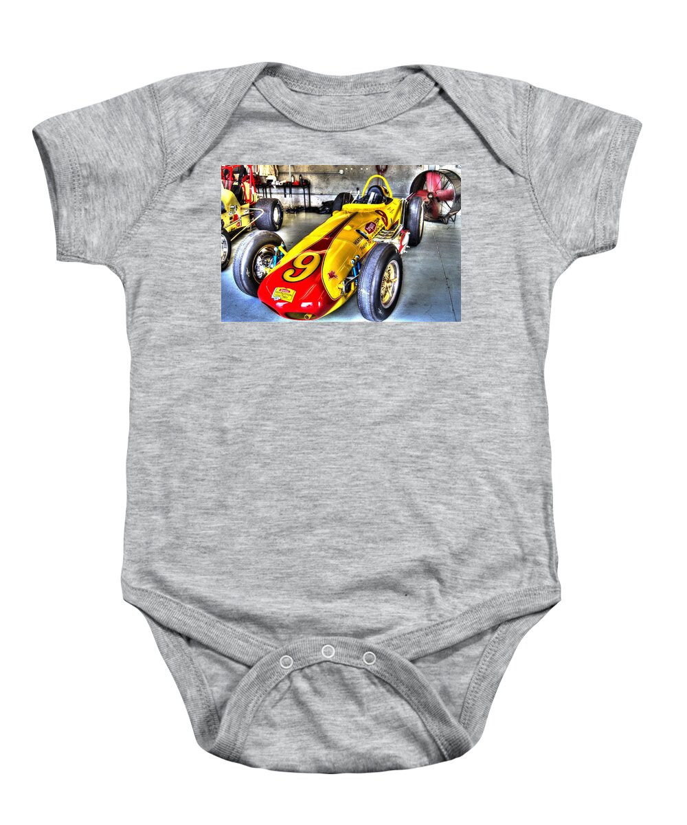 Vintage Indianapolis 500 Eddie Sachs Indy Car 1963 Eddie Sachs Indy Car Vintage Racing At Indianapolis Indianapolis 500 Gasoline Alley Old Number 9 Baby Onesie featuring the photograph 1963 Eddie Sachs Indy Car by Josh Williams