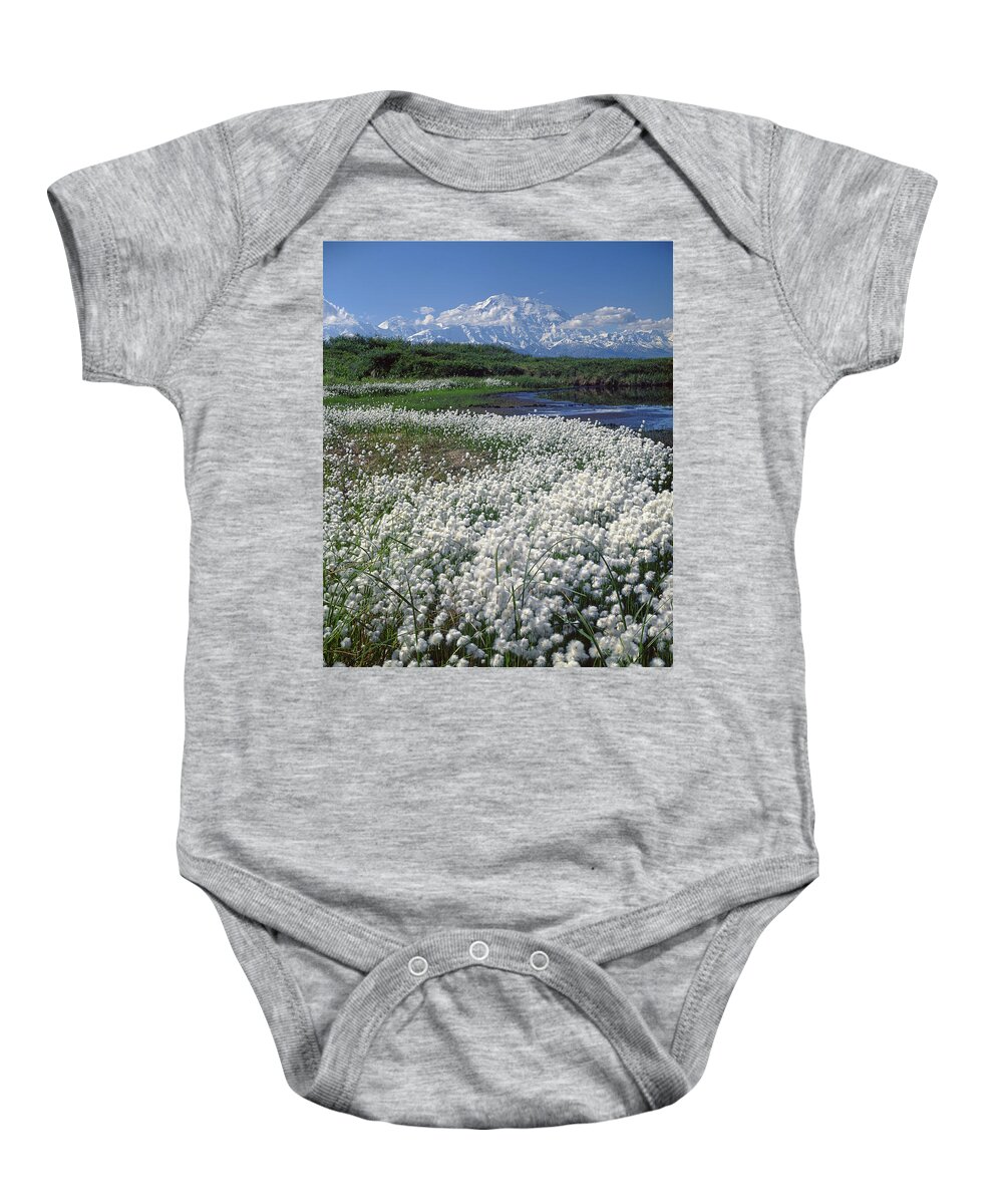 1m1370 Baby Onesie featuring the photograph 1M1370 Cottongrass Tundra and Mt. McKinley by Ed Cooper Photography