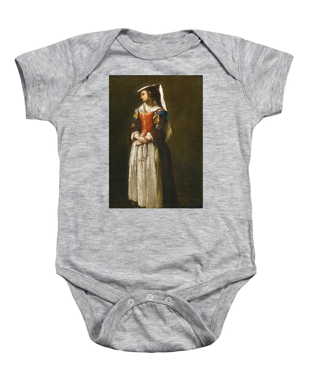 A Young Woman Dressed In Neapolitan Fashion' By Jean Barbault Baby Onesie featuring the painting A Young Woman Dressed in Neapolitan Fashion by MotionAge Designs