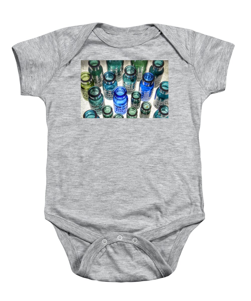 Bromo Seltzer Vintage Glass Bottles Baby Onesie featuring the photograph Bromo Seltzer Vintage Glass Bottles Collection - Rare Greens #2 by Marianna Mills