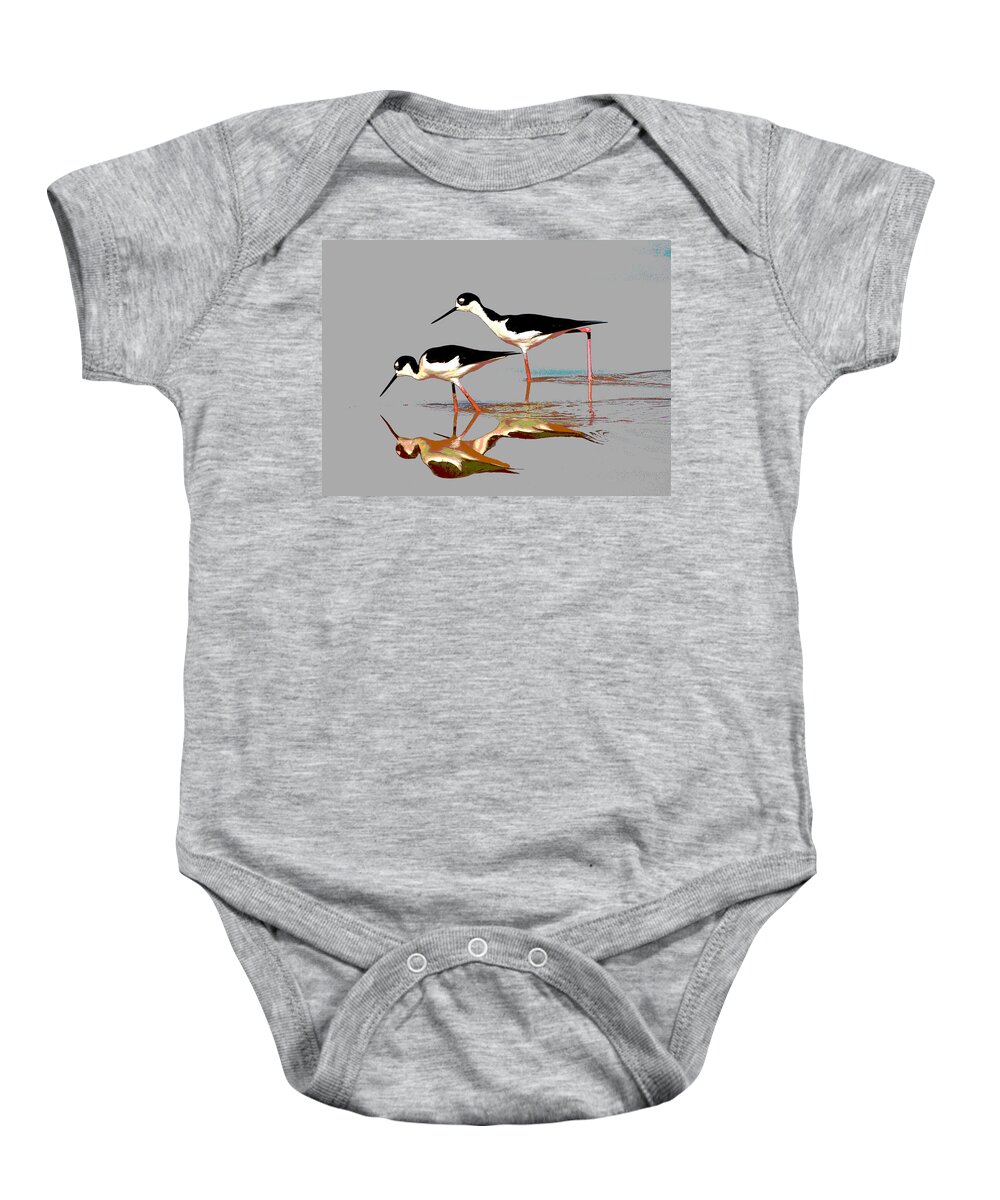 Two Stilts At The Pond Baby Onesie featuring the photograph Two Stilts At The Pond #2 by Tom Janca