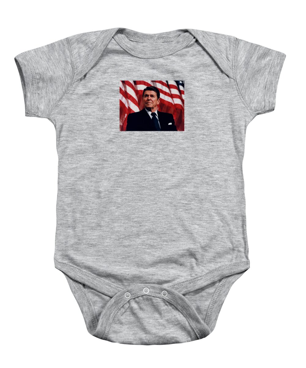 Ronald Reagan Baby Onesie featuring the photograph President Ronald Reagan #3 by War Is Hell Store