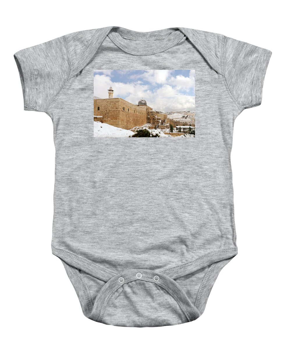 Dome Of The Rock Baby Onesie featuring the photograph Snow Day #3 by Munir Alawi