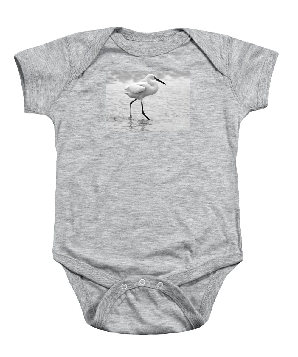  Baby Onesie featuring the photograph Egret in Black and White #4 by Angela Rath