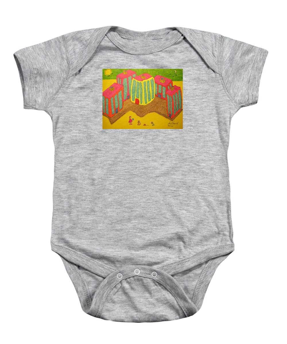 Hagood Baby Onesie featuring the painting 4 Tall Buildings, Girl, And Cat by Lew Hagood
