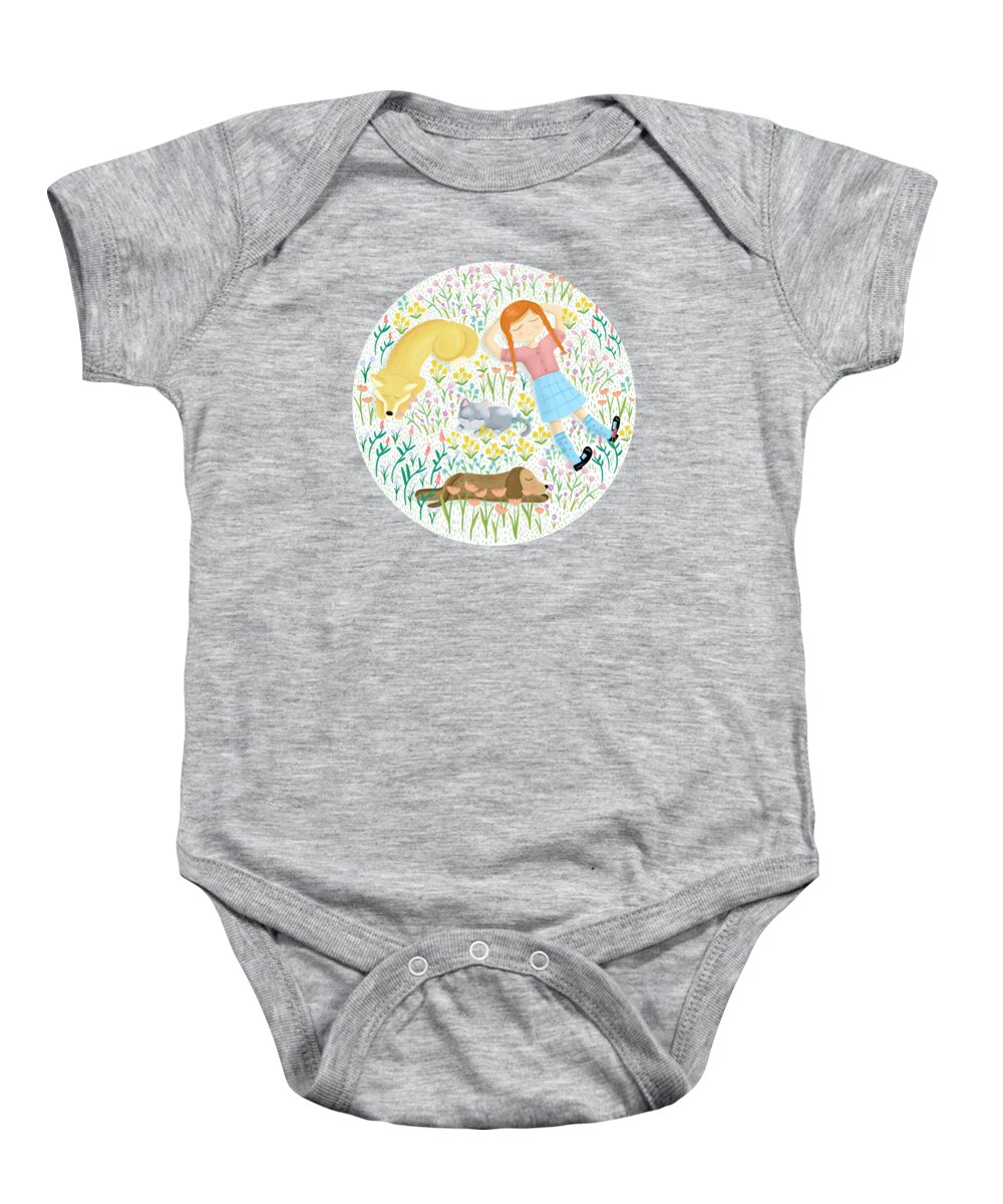 Painting Baby Onesie featuring the painting Summer Afternoon With Dogs, Cats And Clouds by Little Bunny Sunshine
