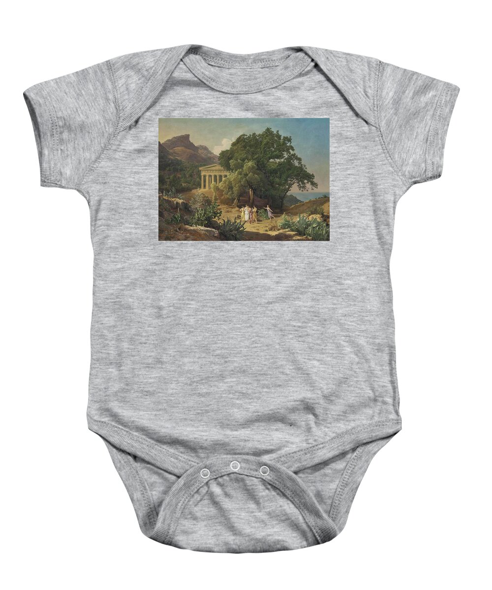 Ferdinand Georg Waldmuller Baby Onesie featuring the painting A Doric temple in Sicily with Castelmola by Georg Waldmuller