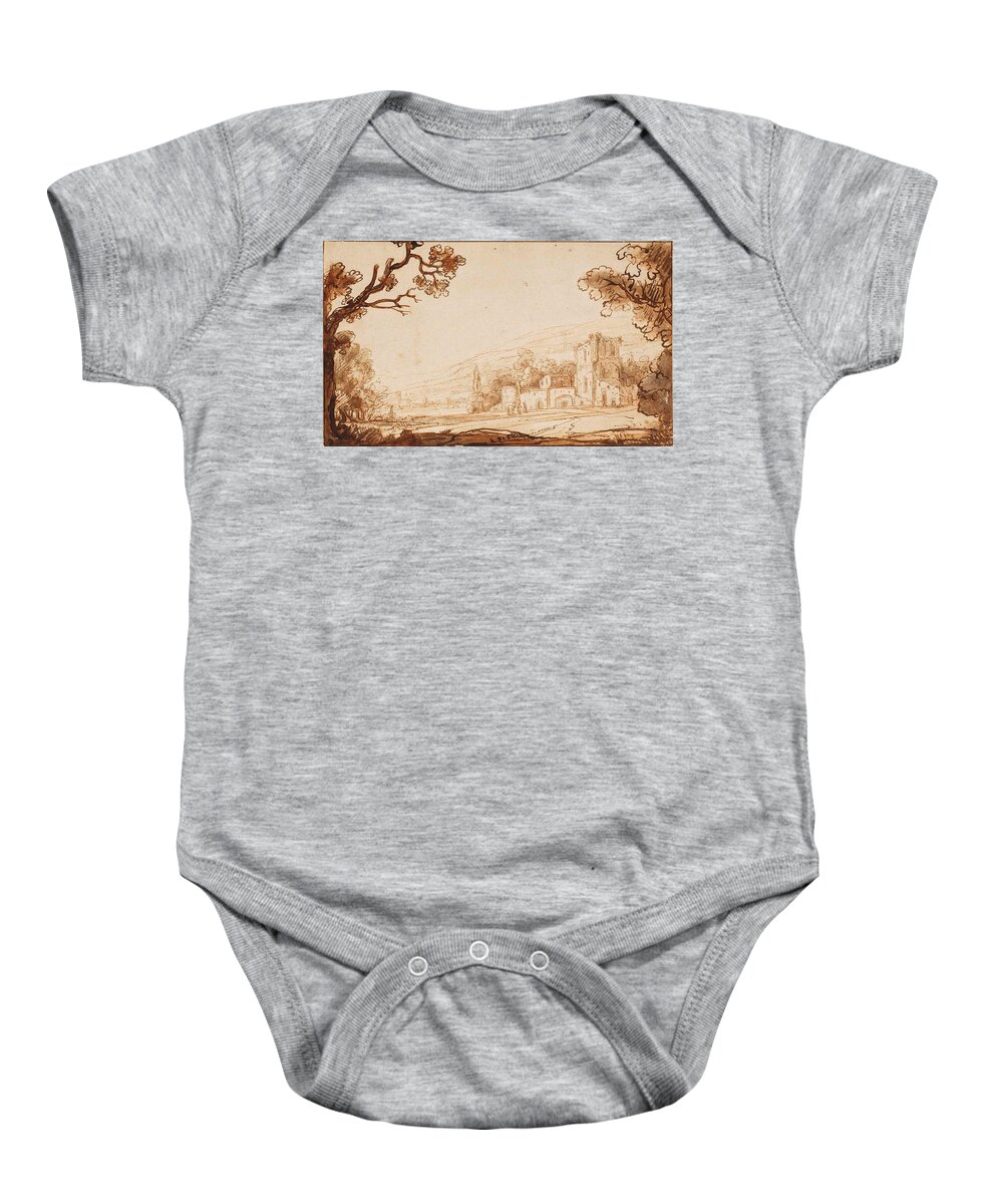 Attributed To Abraham Furnerius Baby Onesie featuring the drawing A hilly landscape with figures approaching a castle by Attributed to Abraham Furnerius
