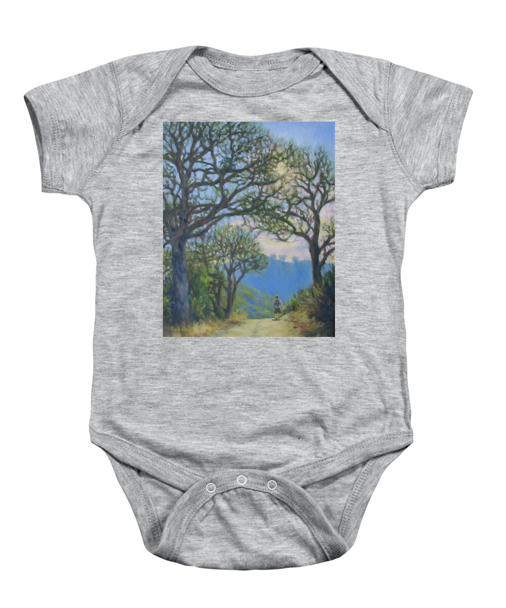 Tree Baby Onesie featuring the painting A Morning Hiker by Kerima Swain