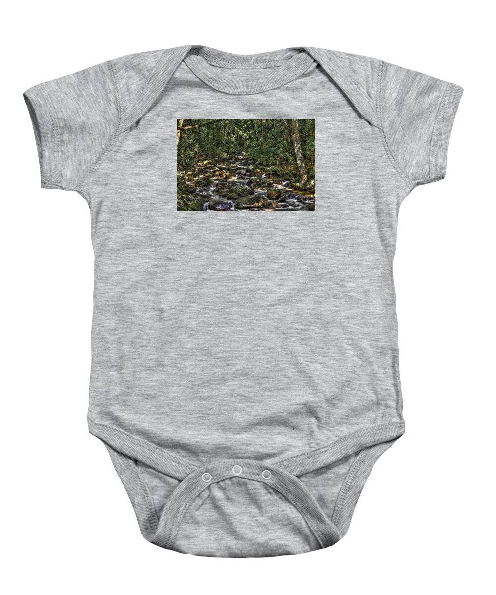 Landscape Baby Onesie featuring the photograph A River Through the Woods by Harry B Brown