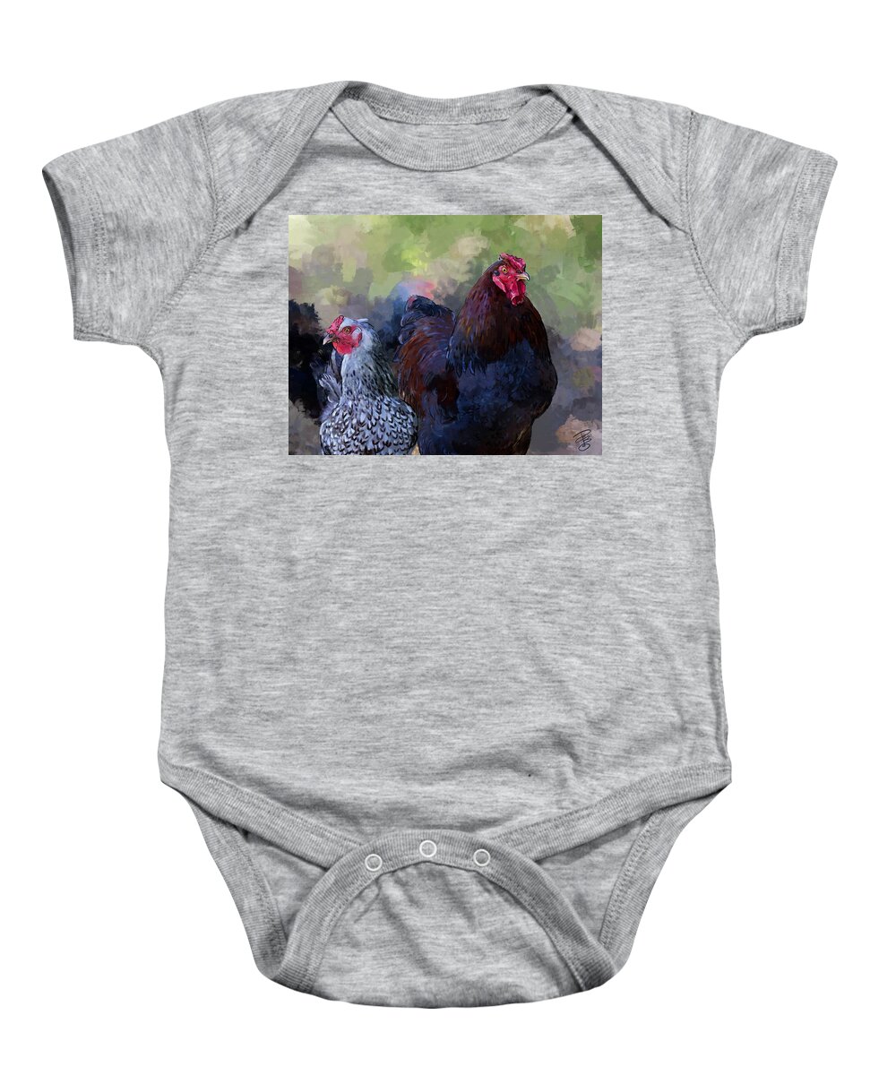 Agriculture Baby Onesie featuring the digital art A rooster and a hen by Debra Baldwin